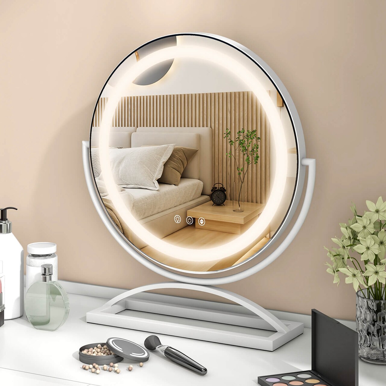 Costway 16" Round Makeup Vanity Mirror with Lights 3 Color Dimmable Touch Control Black/Gold/White